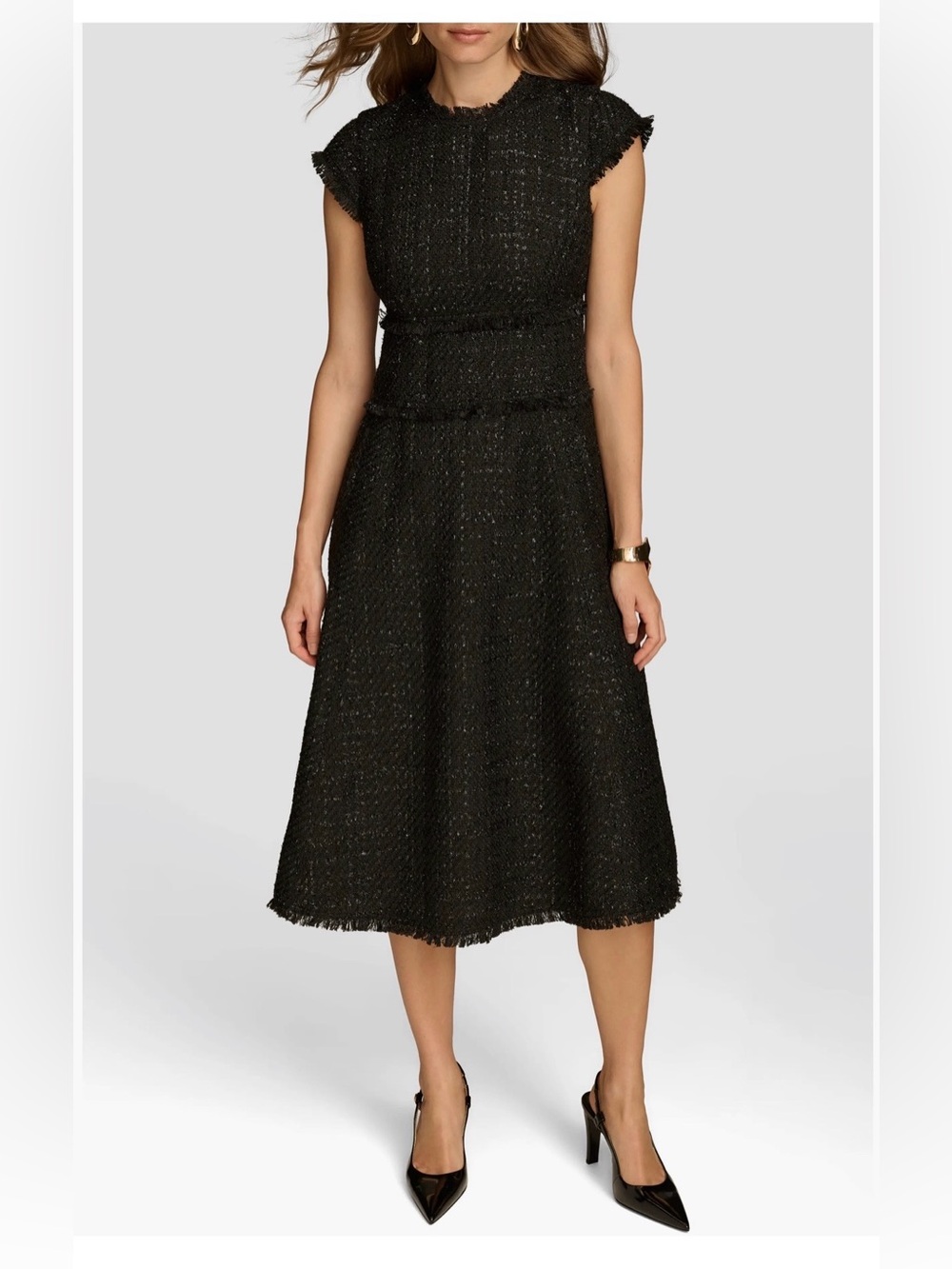 Donna Karan Black metallic Tweed Midi Dress with pockets and Frayed Trim Accents
